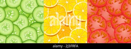 Textures of tomato, lemon and cucumber slices. Seamless patterns with organic food pieces, chopped vegetables. Vector bright backgrounds of cut ripe v Stock Vector