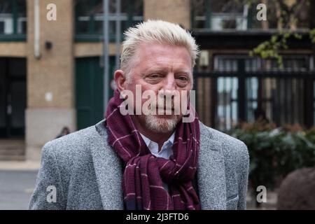 London, UK. 8th April, 2022. Former tennis star Boris Becker arrives at the Southwark Crown Court as the jury is expected to continue to deliberate on the verdicts in his trial over allegedly concealing assets, including medals, Wimbledon trophies and properties from bankruptcy trustees. Credit: Wiktor Szymanowicz/Alamy Live News Stock Photo