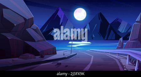 Nordic landscape with mountains and river at night. Vector cartoon ...