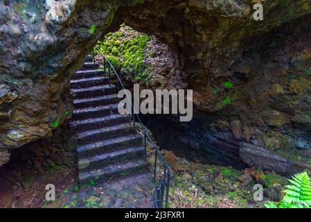 Steep staircase leading to gruta das torres cave at Pico island, Azores, Portugal. Stock Photo