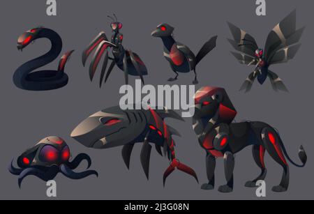 Evil mechanical animals, lion, shark, octopus, butterfly and bird robots. Vector cartoon set of futuristic angry pets cyborgs, black mechanic mantis, Stock Vector