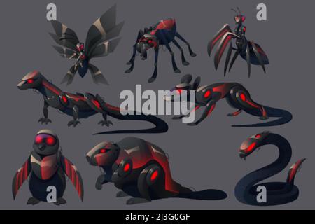 Evil robots animals wasp, spider, mantis, lizard, penguin, beaver, rat and snake mechanical monsters. Cyborgs insects, birds and mammal with glowing r Stock Vector