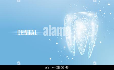 Tooth. Abstract wireframe low poly style banner. Dentistry services, teeth treatment, dental care, stomatology concept. Blue background. Vector illust Stock Vector