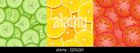 Textures of tomato, lemon and cucumber slices. Seamless patterns with organic food pieces, chopped vegetables. Vector bright backgrounds of cut ripe v Stock Vector