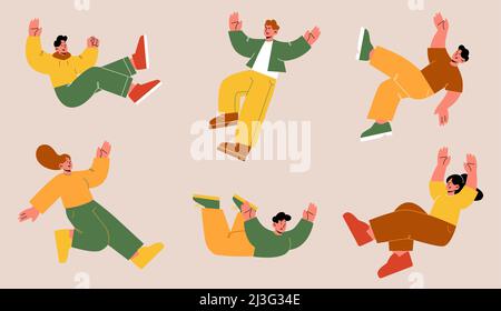 People fall down after slip, slide on wet floor or stumble. Vector flat illustration with person falling with injury risk. Men and women in shock and Stock Vector