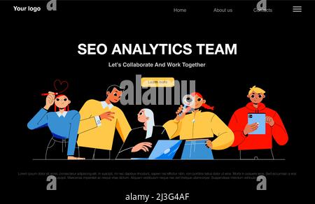 SEO analytics team banner with people work together. Vector night mode of landing page of search engine optimization company with flat illustration of Stock Vector