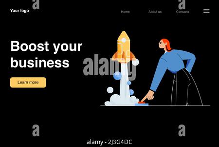 Boost your business landing page. Startup success, launch project concept with woman push on start button and rocket fly up. Progress, innovation and Stock Vector