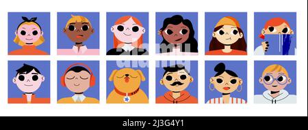 Avatars set with people portraits for profile in social media. Vector flat collection of multiracial group of characters, women and men faces and dog Stock Vector
