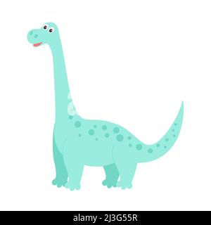 Dinosaur cute baby character isolated object. Green funny dino with long neck. Fictional animal vector illustration Stock Vector