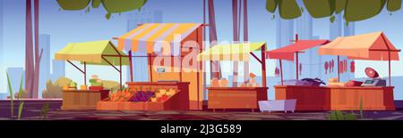 Local food market with wooden stalls with honey, vegetables, meat, fish and cheese. Vector cartoon summer landscape with street marketplace with farm Stock Vector