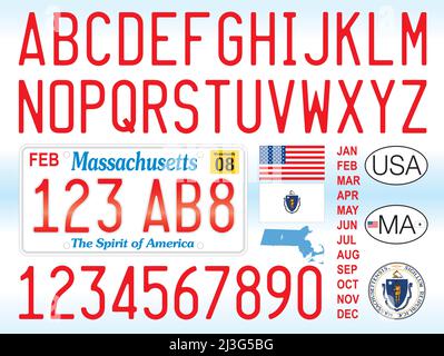 Massachusetts state license plate car pattern, numbers, letters and symbols, United States, vector illustration Stock Vector
