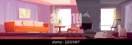 House living room under renovation and after repair. Vector cartoon illustration of empty home room interior with ladder and construction materials an Stock Vector