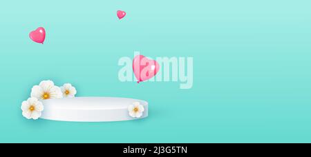 Minimal scene white cylindrical podium and spring flowers. Flying heart shaped balloons. Cosmetic product display stage, showcase. Vector Stock Vector