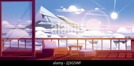 Wooden terrace view on mountain peaks above clouds in blue sky. Outdoor home or hotel patio with sofa and table on wood floor at nature landscape with Stock Vector