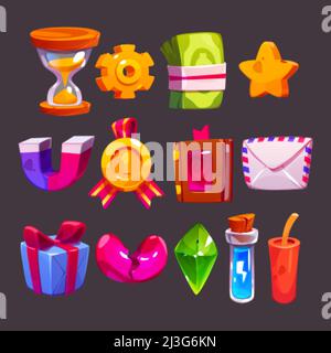 Game icons with money, gold star, dynamite, gift box, broken heart and award badge. Vector cartoon set of signs for gui of mobile game, hourglass, tnt Stock Vector