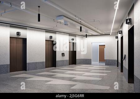 Lift lobby. 66 Shoe Lane, London, United Kingdom. Architect: Stiff + Trevillion Architects, 2020. Stock Photo