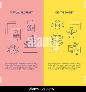Digital assets banner templates with text. Virtual property and NFT tokens symbols. Vector illustration. Stock Vector