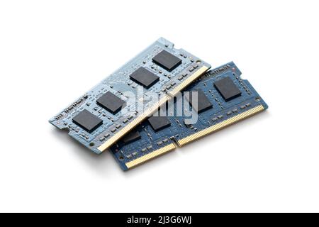 Computer RAM (Random Access Memory) modules on the white background. Stock Photo