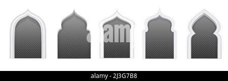 Arab windows arches different shapes for mosque, muslim and islamic architecture. Vector realistic set of vintage arabic windows frames in white wall Stock Vector