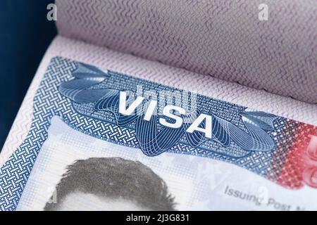 Visa stamp travel passport immigration macro emigration. Stock Photo