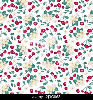 Cherry berry seamless pattern with leaves and flowers, print on white background. Vector flat illustration with different red and green elements for spring and summer Stock Vector