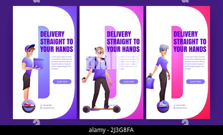 Delivery posters with people on electric unicycle and skate. Vector vertical banners of deliver service with cartoon couriers with box, backpack and b Stock Vector