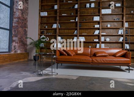 Bookshelves in the library with book. Large bookcase with lots of books. Sofa in the room for reading books. Library or shop with bookcases. Cozy background. Bookish bookstore, bookshop. Stock Photo