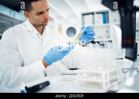That looks about right. Shot of a young scientist conducting medical research in a laboratory. Stock Photo