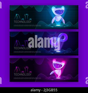 Ai technology futuristic cartoon banners with artificial intelligence robot at neon glowing hud technological background with infinity symbol. Cyborg Stock Vector