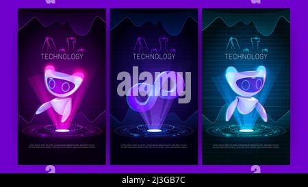 AI technology banners with cute robots and infinity symbol hologram. Vector posters of artificial intelligence and smart machine with cartoon illustra Stock Vector