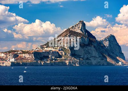 The Rock of Gibraltar,  a British Overseas Territory located at the southern tip of the Iberian Peninsula. Stock Photo