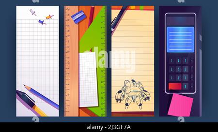 School bookmarks cartoon design with robot transformer drawing sketch, stationery pen sharpener, pencil and ruler on blank notebook pages, pins, stick Stock Vector