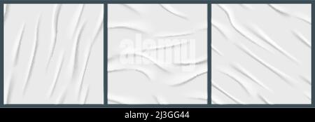 White glued paper texture. Realistic effect of wet paper sheet or crumpled fabric. Vector seamless patterns of blank adhesive page. Empty square stick Stock Vector