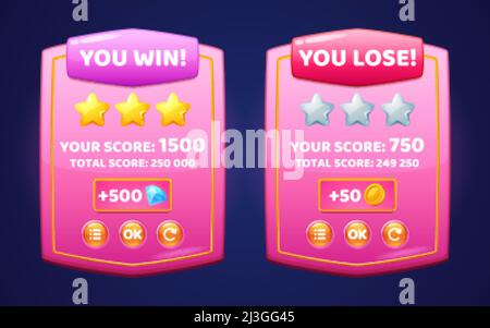 Glossy pink boards with level score, win and lose banners for game ui interface. Vector cartoon set of level achievements with gold stars, coins and b Stock Vector