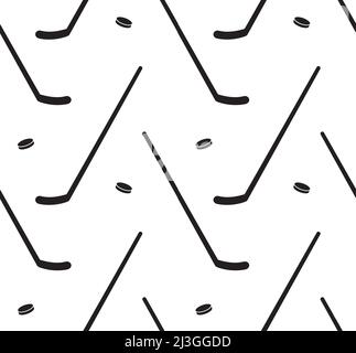 Vector seamless pattern of black flat cartoon hockey stick and puck icon isolated on white background Stock Vector