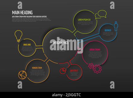 Vector multipurpose dark Infographic template with title and circle  elements options around big circle. Multipurpose Infochart with modern colors. In Stock Vector