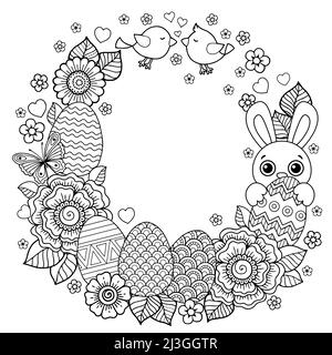 Happy Easter. Vector easter eggs, bunny and beards and flowers. Cute Coloring book for adults Stock Vector