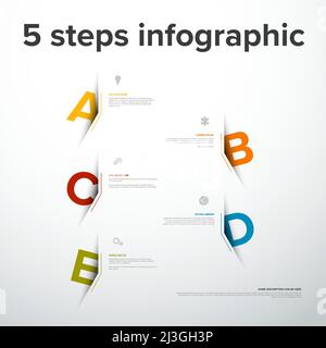 Vector five vertical steps progress template with big arrows and letters with shadow cut from the paper, descriptions and icons. Light version with bi Stock Vector