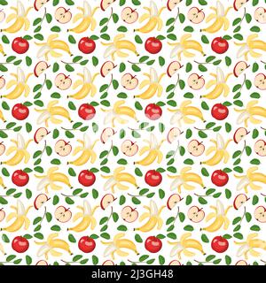 Seamless pattern with yellow banana and red apple. Print from whole healthy fruits. Background from sweet food for diet. Vector flat illustration Stock Vector