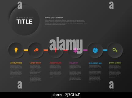 Vector dark progress steps template made from six light relief circles with descriptions and icons and rainbow colorful timeline in the background. Da Stock Vector