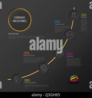 Infographic progress timeline template with relief circle elements with icons and descriptions. Dark  gradient version with color elements and sample Stock Vector