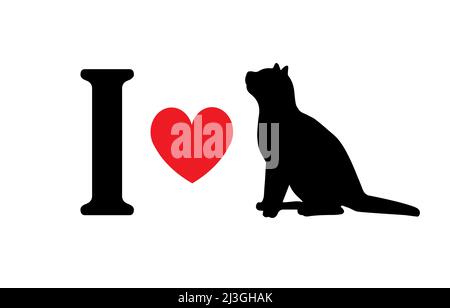 Vector flat black I love cat silhouette sign isolated on white background Stock Vector