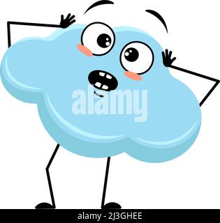 Cute cloud character with panic emotions, surprised face, shocked eyes, arms and legs. Person with scared expression and pose. Vector flat illustration Stock Vector