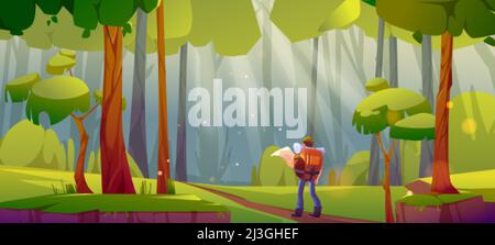Hiking sport, orienteering, travel journey, adventure concept. Traveler with backpack in deep forest, tourist stand at beautiful wood landscape look i Stock Vector
