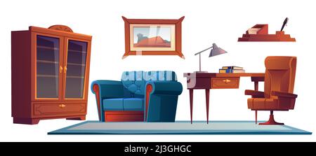 Luxury office in classic antique style. Wooden solid furniture secretaire table, leather armchair and couch, lamp, bookcase, picture on wall isolated Stock Vector