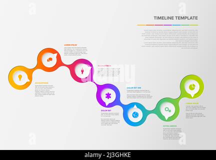 Vector Infographic Company Milestones Timeline Template with white circles pointers and rainbow background, text placeholders and icons. Simple color Stock Vector
