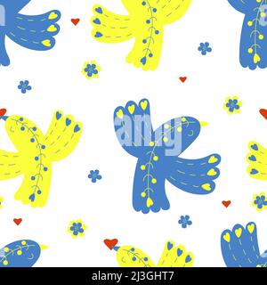Ukrainian decorative seamless pattern. Yellow-blue birds with heart on white background with flowers. Vector illustration in colors of Ukrainian flag Stock Vector