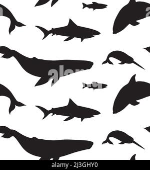 Vector seamless pattern of fish whales and sharks silhouette isolated on white background Stock Vector