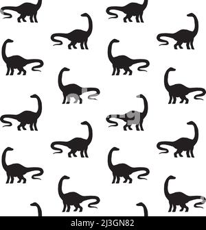 Vector seamless pattern of black diplodocus brachiosaurus dinosaur silhouette isolated on white background Stock Vector