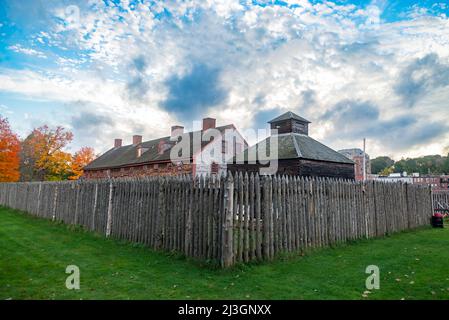 AUGUSTA, ME, USA - OCTOBER 16, 2021: Old landmark Fort Western, former British colonial outpost at the head of navigation on the Kennebec River, built Stock Photo